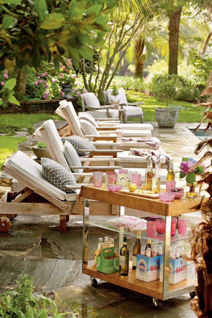 Bar Cart with Drinks by the Pool 