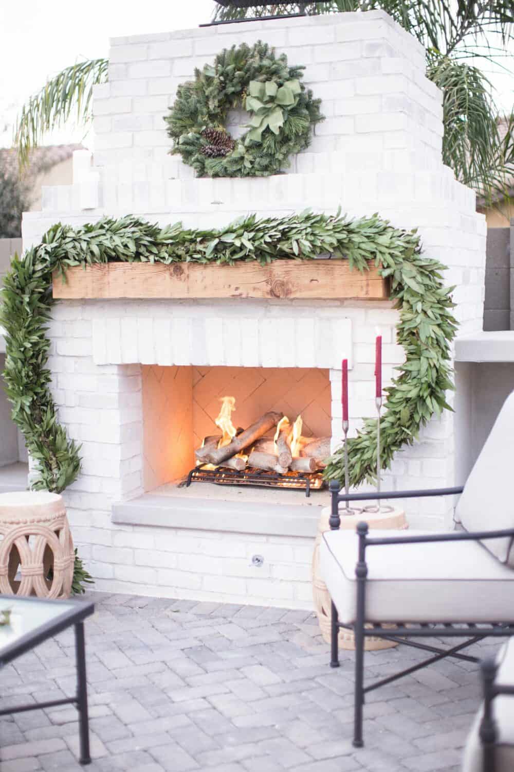 Outdoor Fireplace at Christmas from an angle 