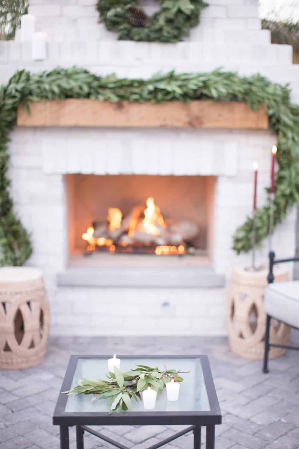 Outdoor Fireplace dressed up for the holidays 