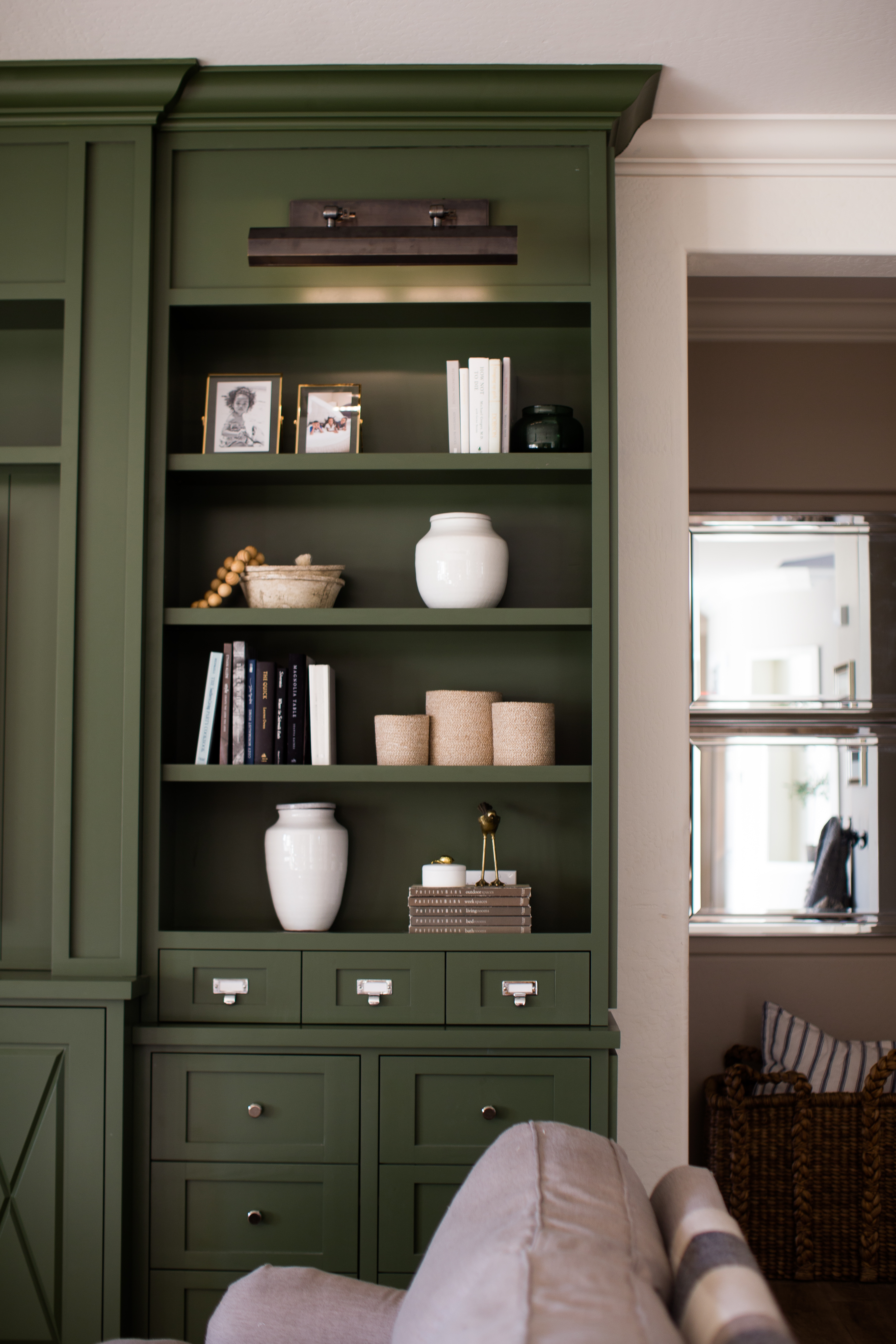 Dark Green Cabinets with Lights 