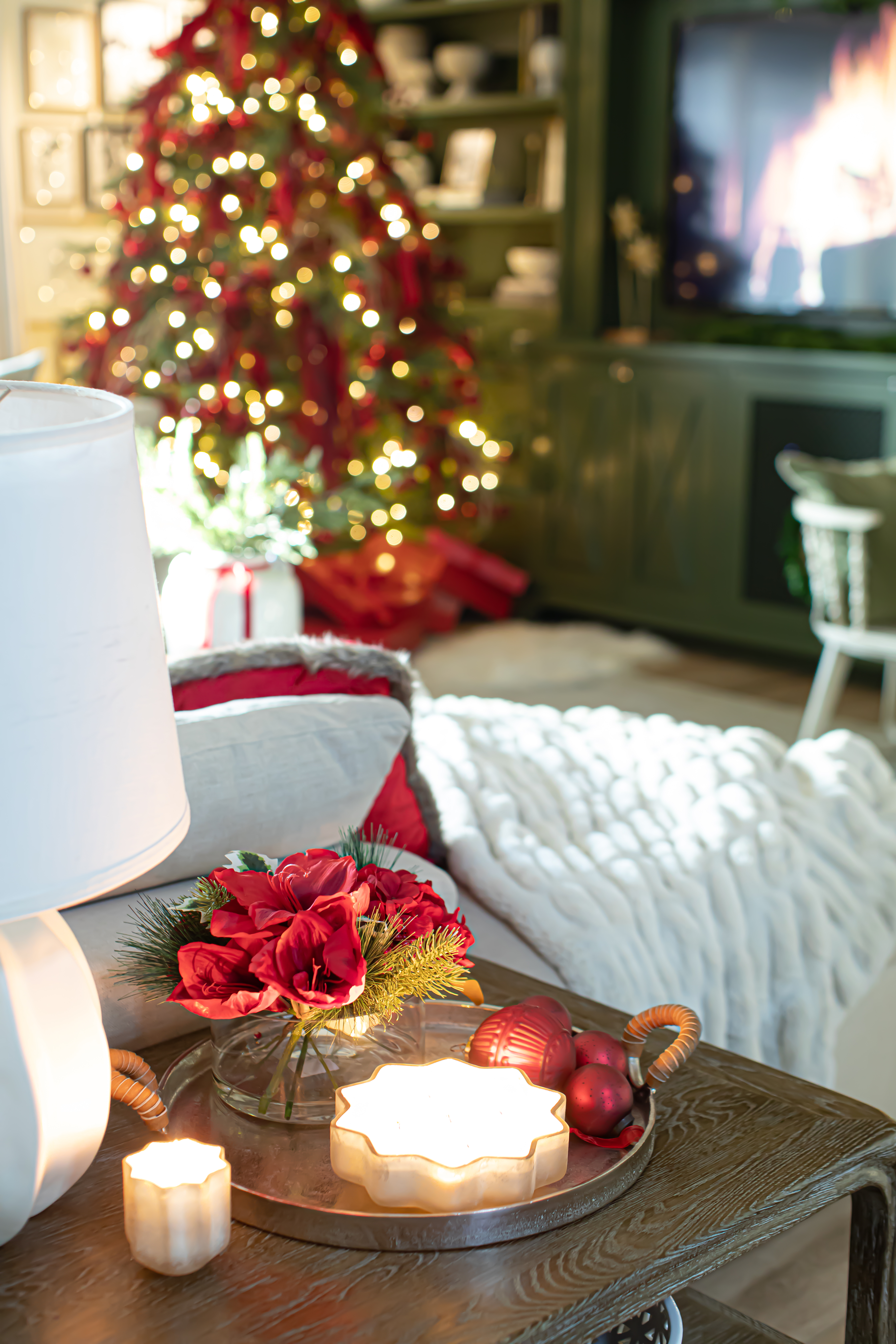 Family room with Red Christmas Decor 