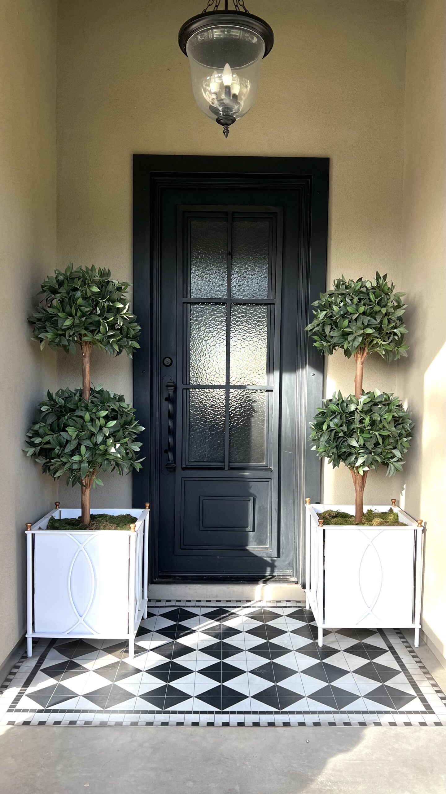 Black front door with white planters