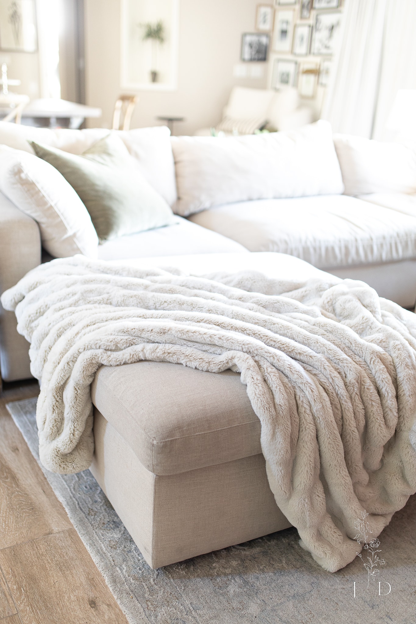 Coxy luxury blanket draped on a Arhaus sectional