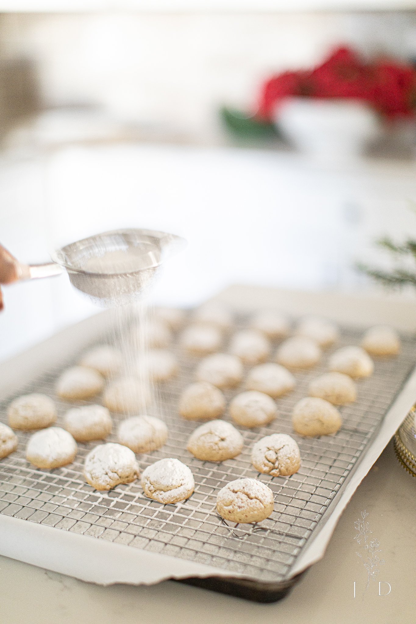 Sprinkling powdered sugar on Mexican Christmas cookies. 