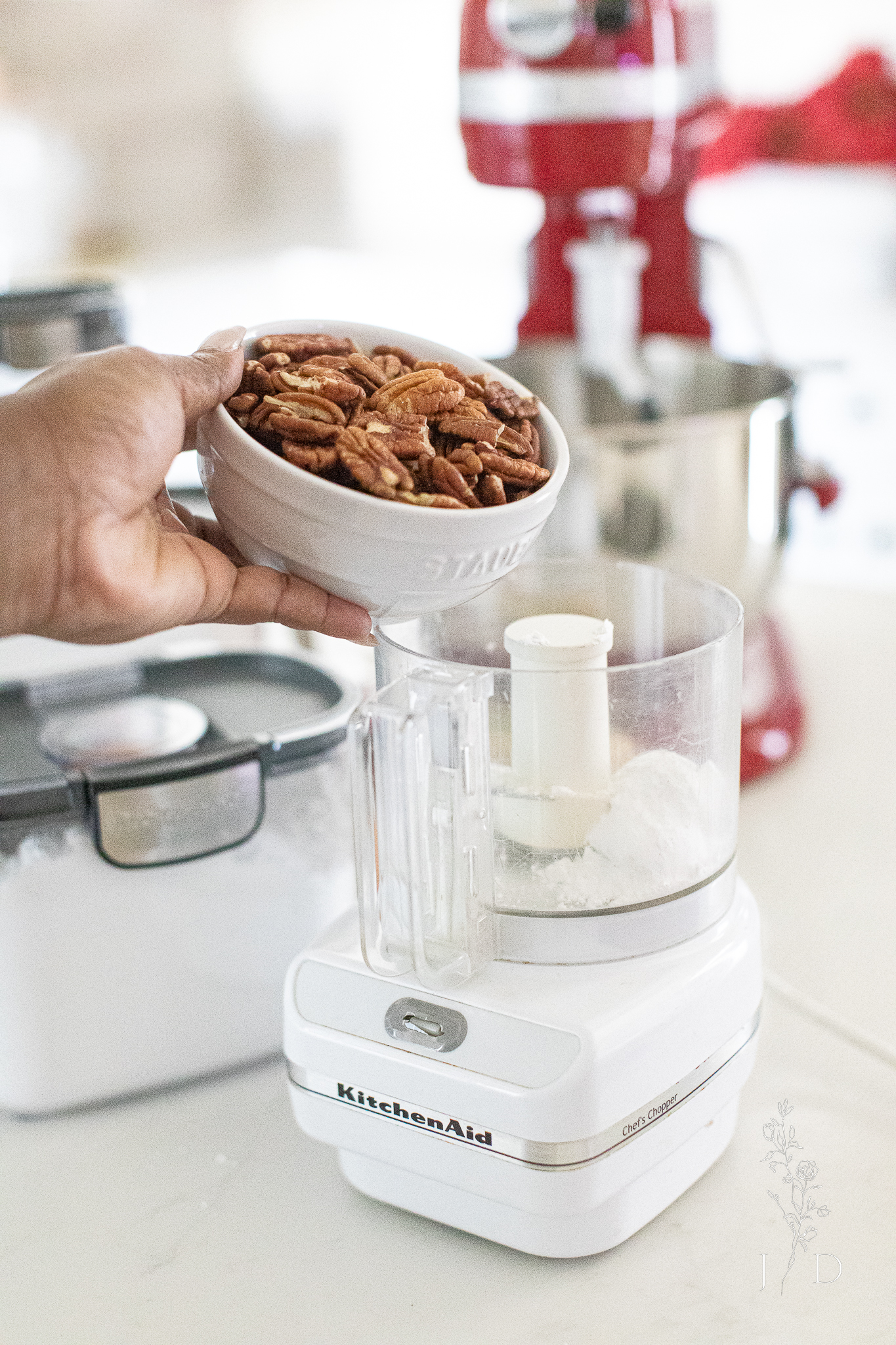 Chopping pecans in a mini food processor.