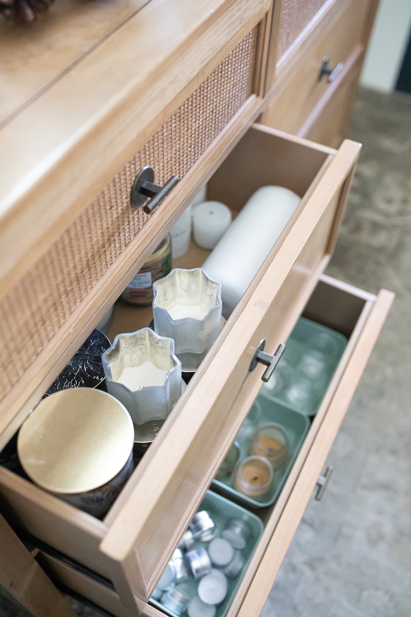 How to organize your candles in a dresser entry drawer 