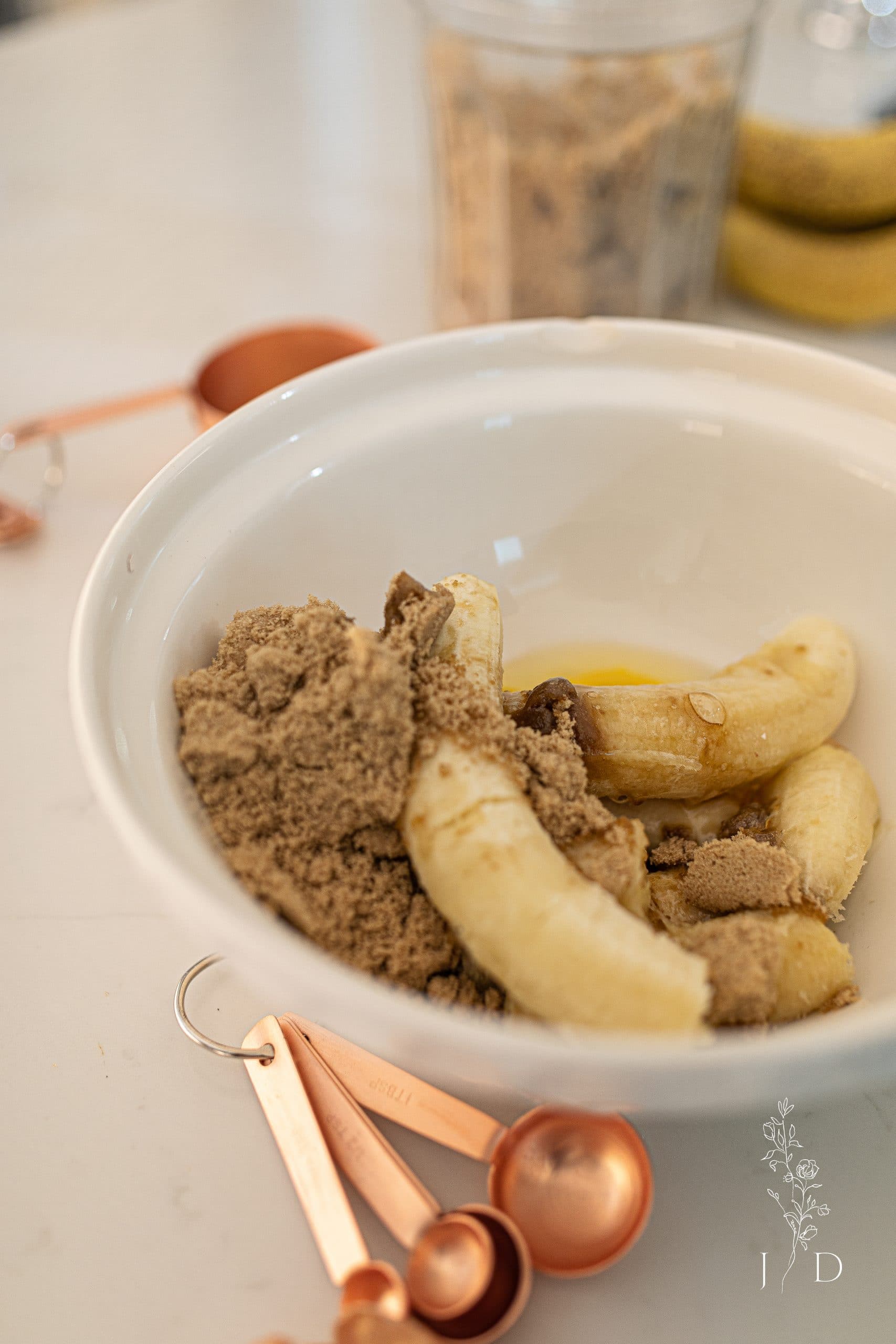 Banana bread ingredients in a bowl
