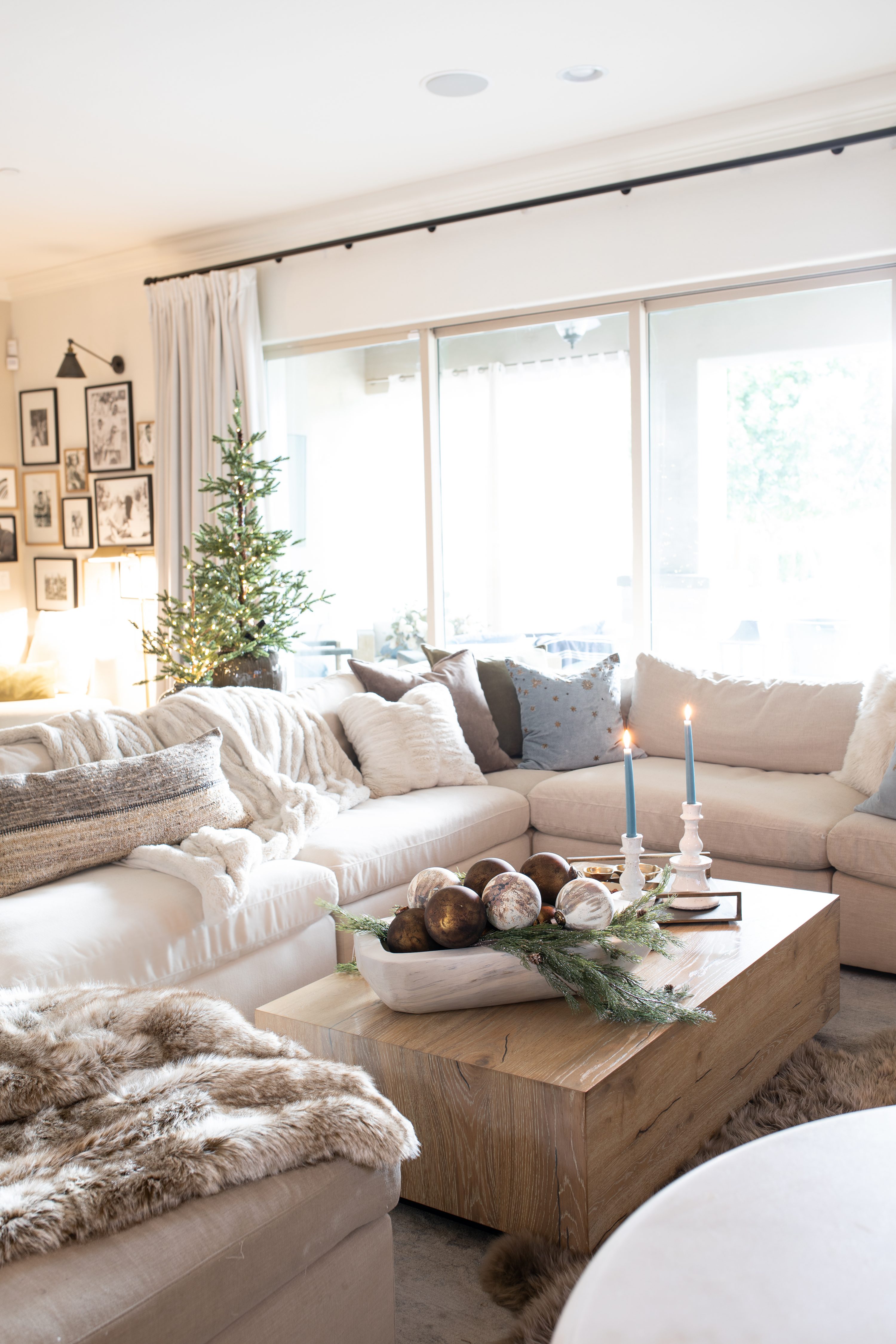 Arhaus sectional decorated for Christmas 