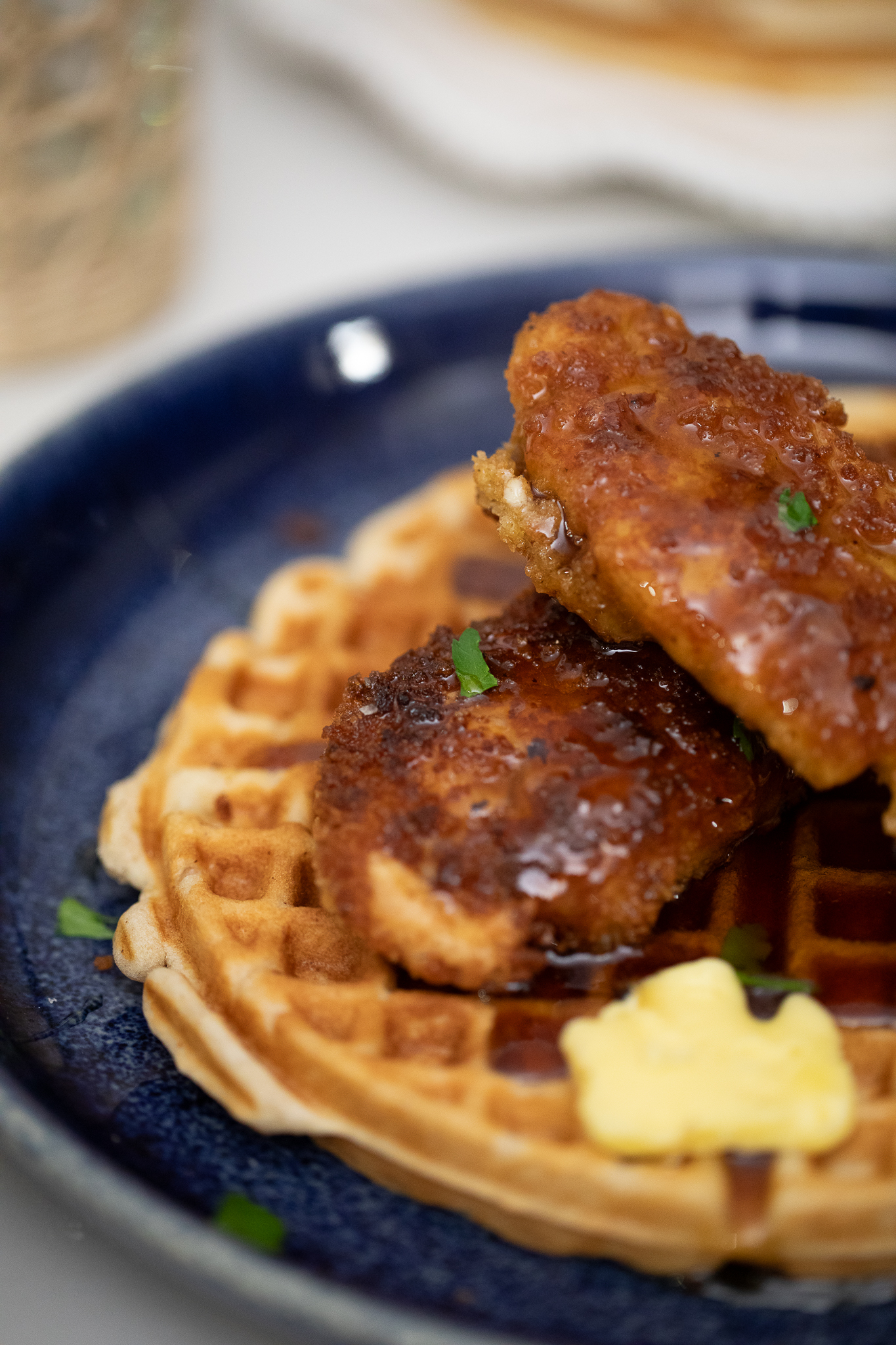 Southern Chicken and waffles with maple syrup
